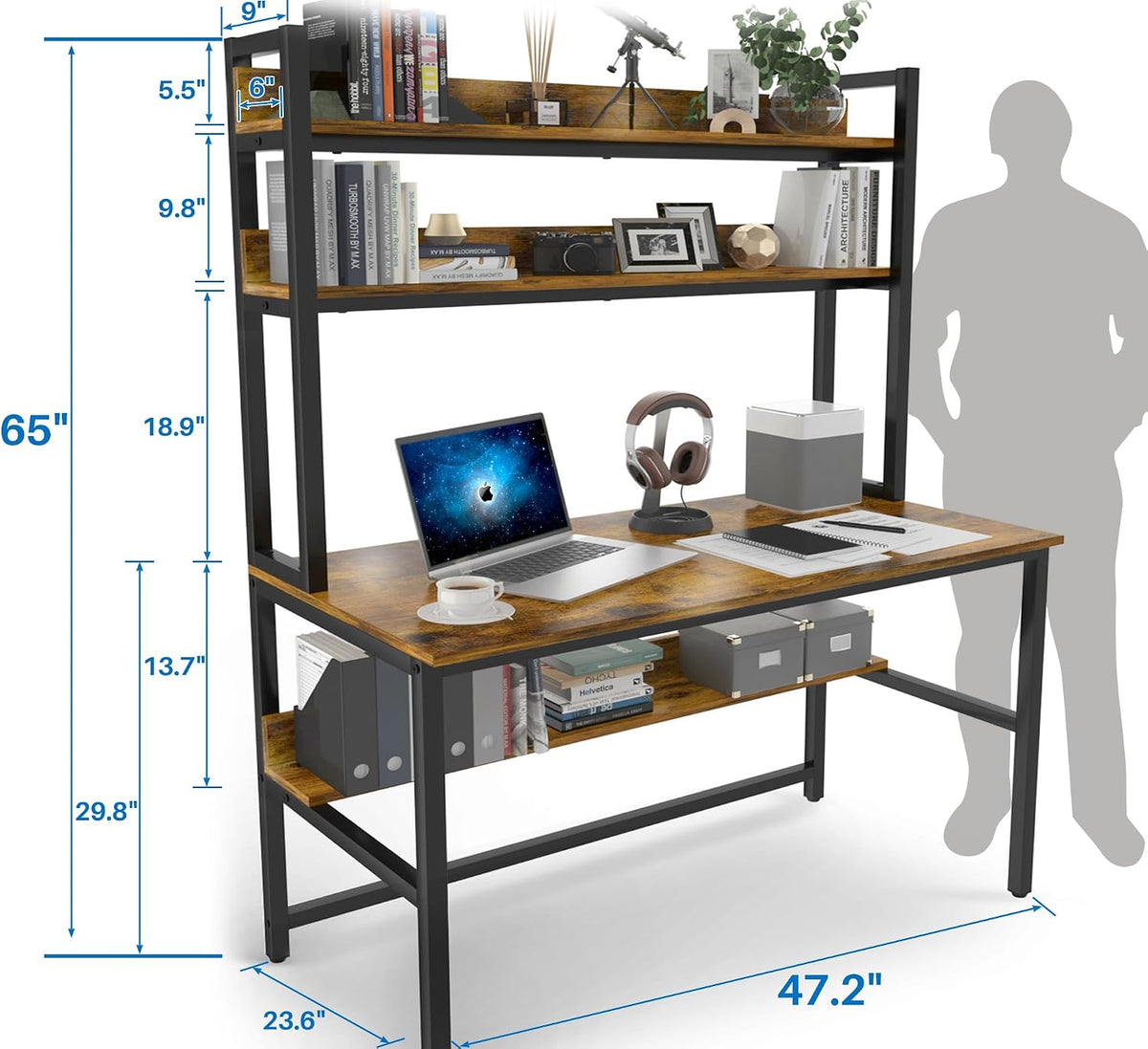 Aquzee Computer Desk with Shelves, 47“W x 23.6" D Desk with Hutch