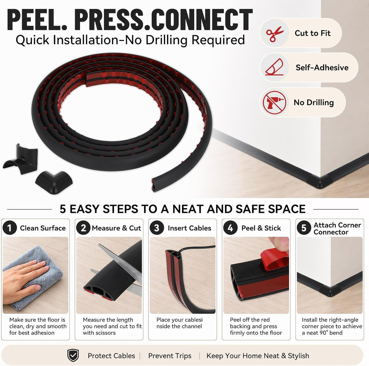 Floor Cord Cover Self Adhesive Cord Hider, Cable Management, Extension Strip Protector for Wires (Black, 1.18" x 20')