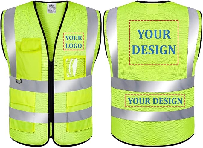 Mesh Safety Vest Custom Logo Class 2 High Visibility Reflective Vest with Pockets Construction Security Work Vest（Yellow，L）