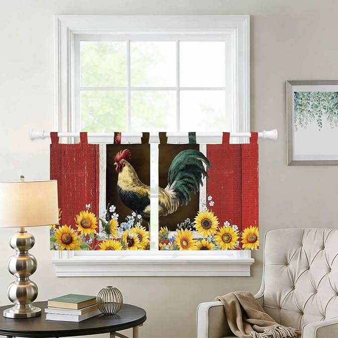 Chicken Sunflowers Kitchen Curtains 24 Inch Length, Small Window Curtains Tab