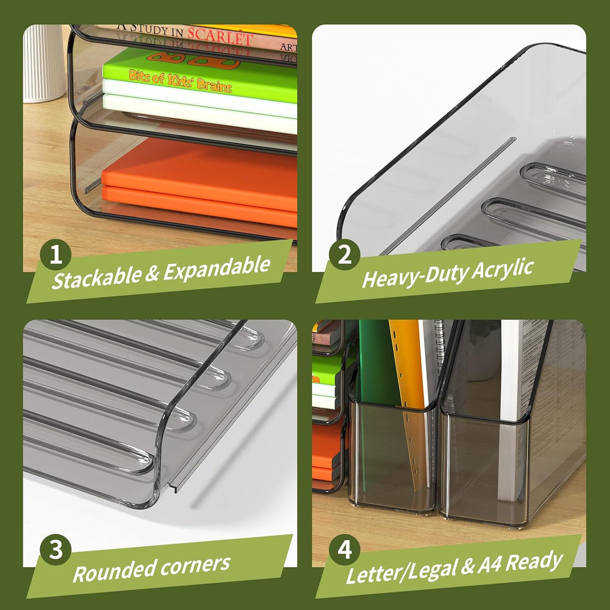 FANXIYQ 4-Tier Brown Acrylic Paper Tray Organizer with 2 Bookends