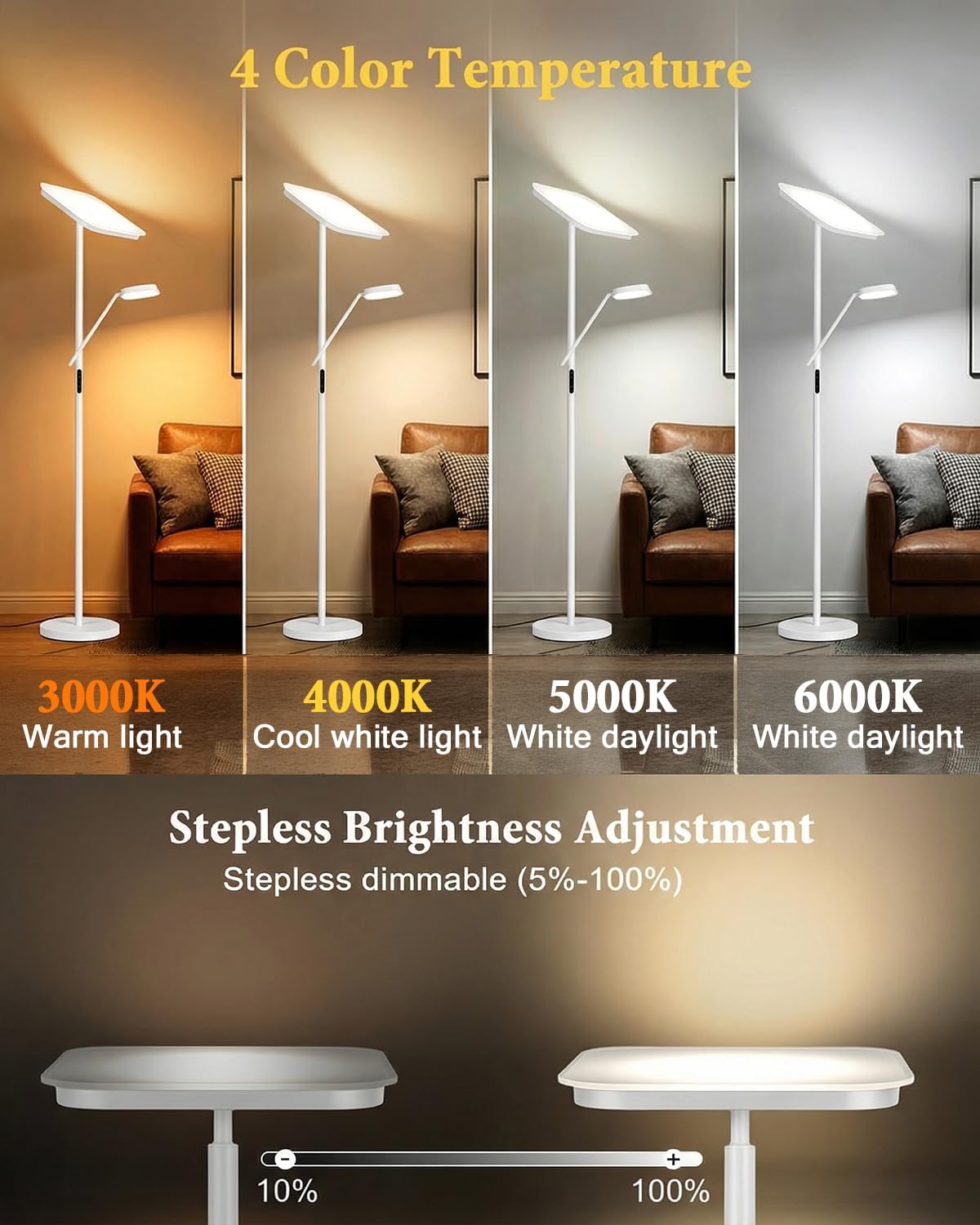 Floor Lamp, Upgraded 36W 3000LM Torchiere Super Bright LED Floor Lamp for Living Room, Stepless Dimmable Black Modern Standing Lamp with Remote & Touch Control, Tall Lamp for Bedroom, Office, White