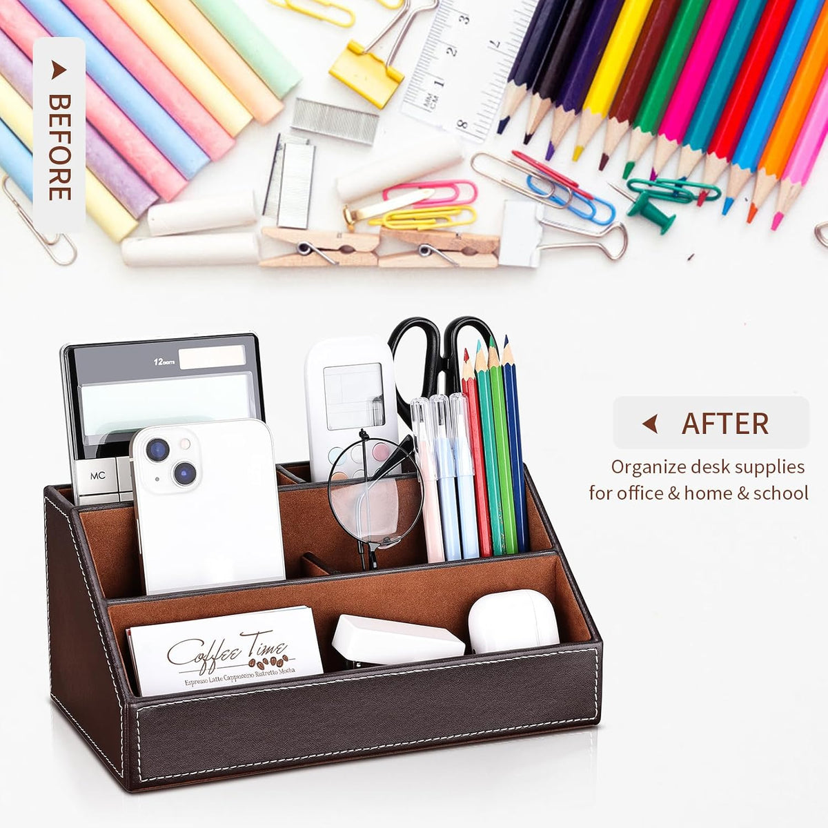 KINGFOM 5PCS Desk Organizer and Accessories Set, Pu Leather Office Supplies with Multifunction Desktop Organizer Storage Box, Tissue Holder, Mouse Pad, Note Paper Holder, Pencil Holder for Desk Brown