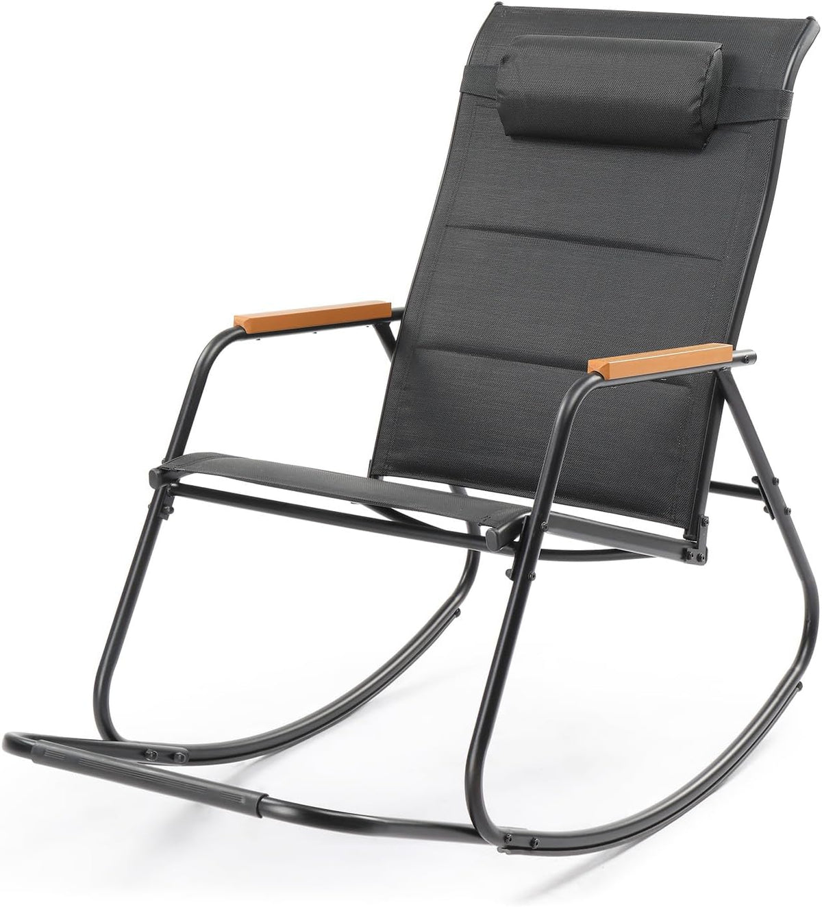VINGLI Outdoor Rocking Chair, Textilene Mesh Patio Rocker, Outdoor Rocker with Footrest, Pillow, All Weather Porch Rocker for Garden, Living Room, Patio, Lawn (Black, with footrest)