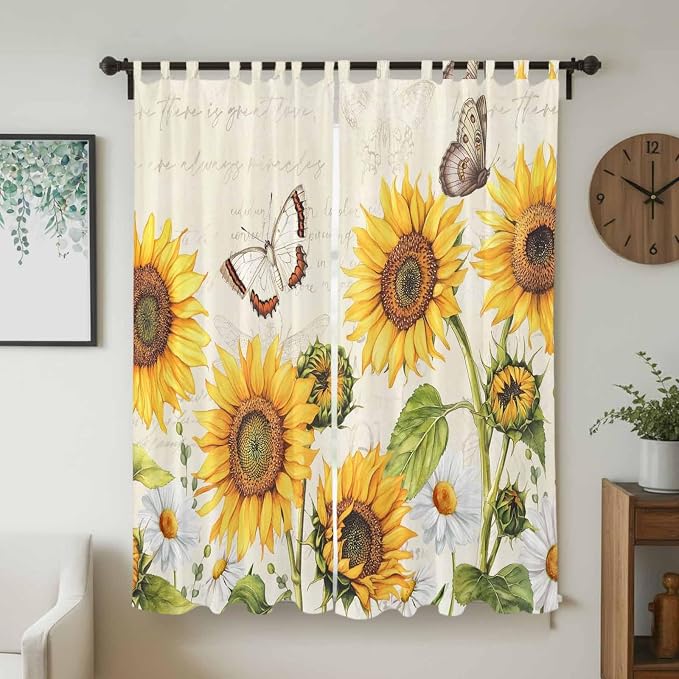 Farm Sunflowers Living Room Curtains 96 Inch Length, Window Curtains Tab Top