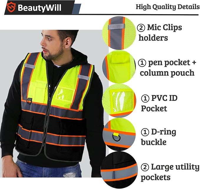 10 Pack Custom Safety Vest Customized Logo Mesh Vest Class 2 High Visibility Reflective Vest with Pockets Workwear（Yellow Black，S ）