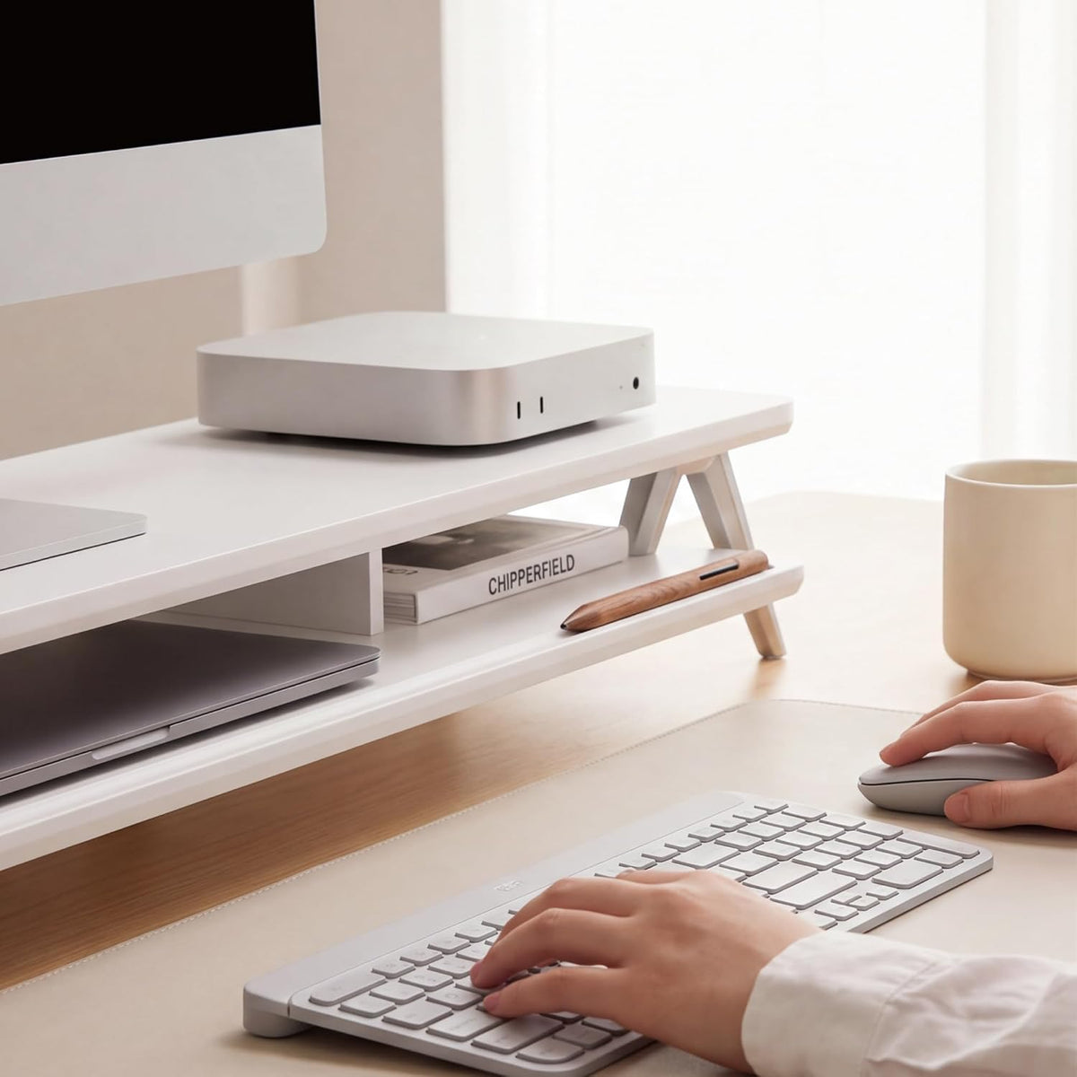 Fenge Dual Monitor Stand Riser, Wooden Desk Shelf with 2-Tier Storage