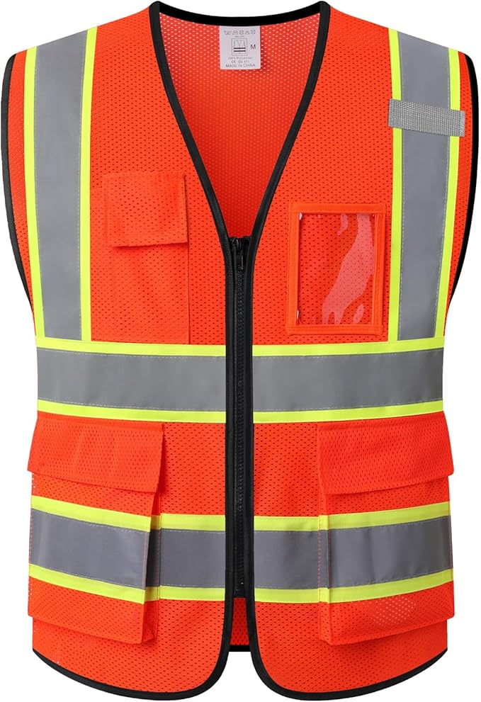 Safety Vest for Men Women Reflective with 5 Pockets and Zipper Front Mesh High Visibility Vest Hi Vis Construction Work Vest,Meets ANSI/ISEA Standards(EK175-Orange-L)