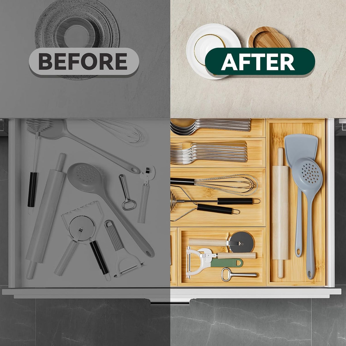 Lixple Bamboo Kitchen Drawer Organizer, 2 Pack, 17" x 6" x 2"
