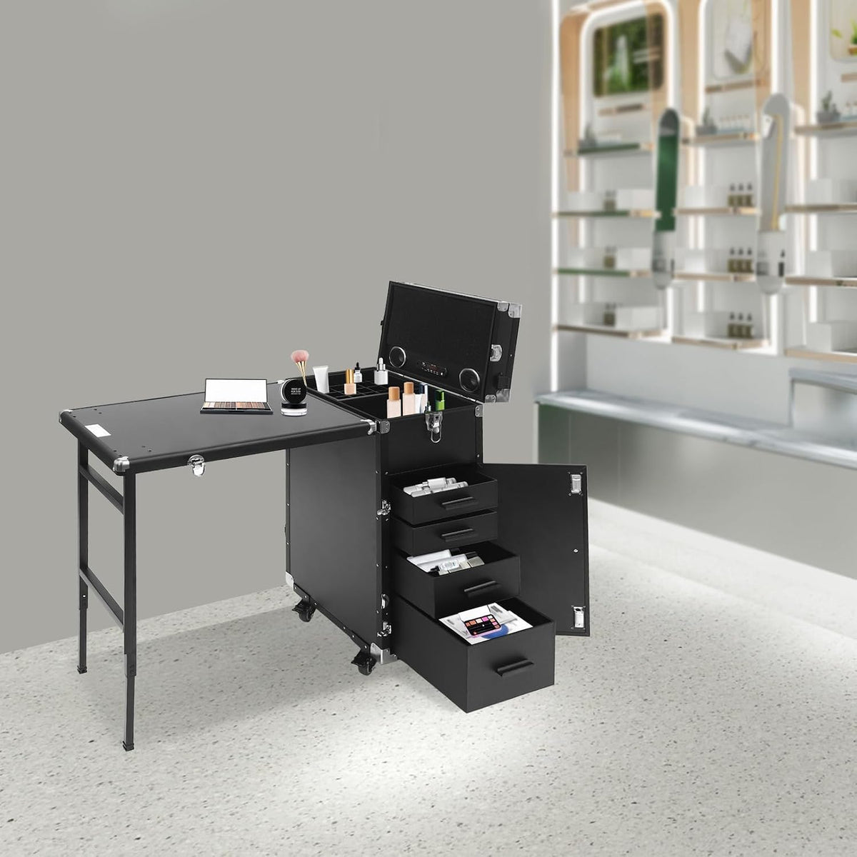 Cosmetic Trolley Storage Organizer, Foldable Nail Tables with 4 Drawers Mirror&Speaker for Hair Stylists Pet Groomers Makeup Artists Technician Workstation Salon