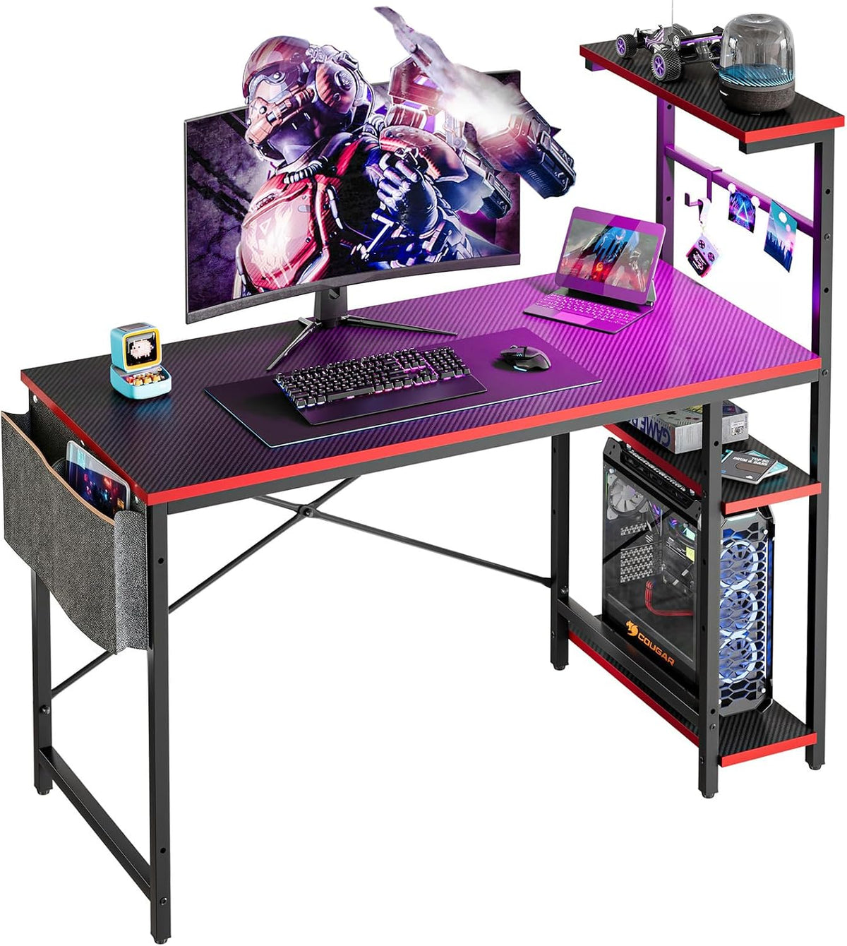 Bestier 44" Gaming Desk with LED & Storage,Gamer Desk, Carbon Fiber Black