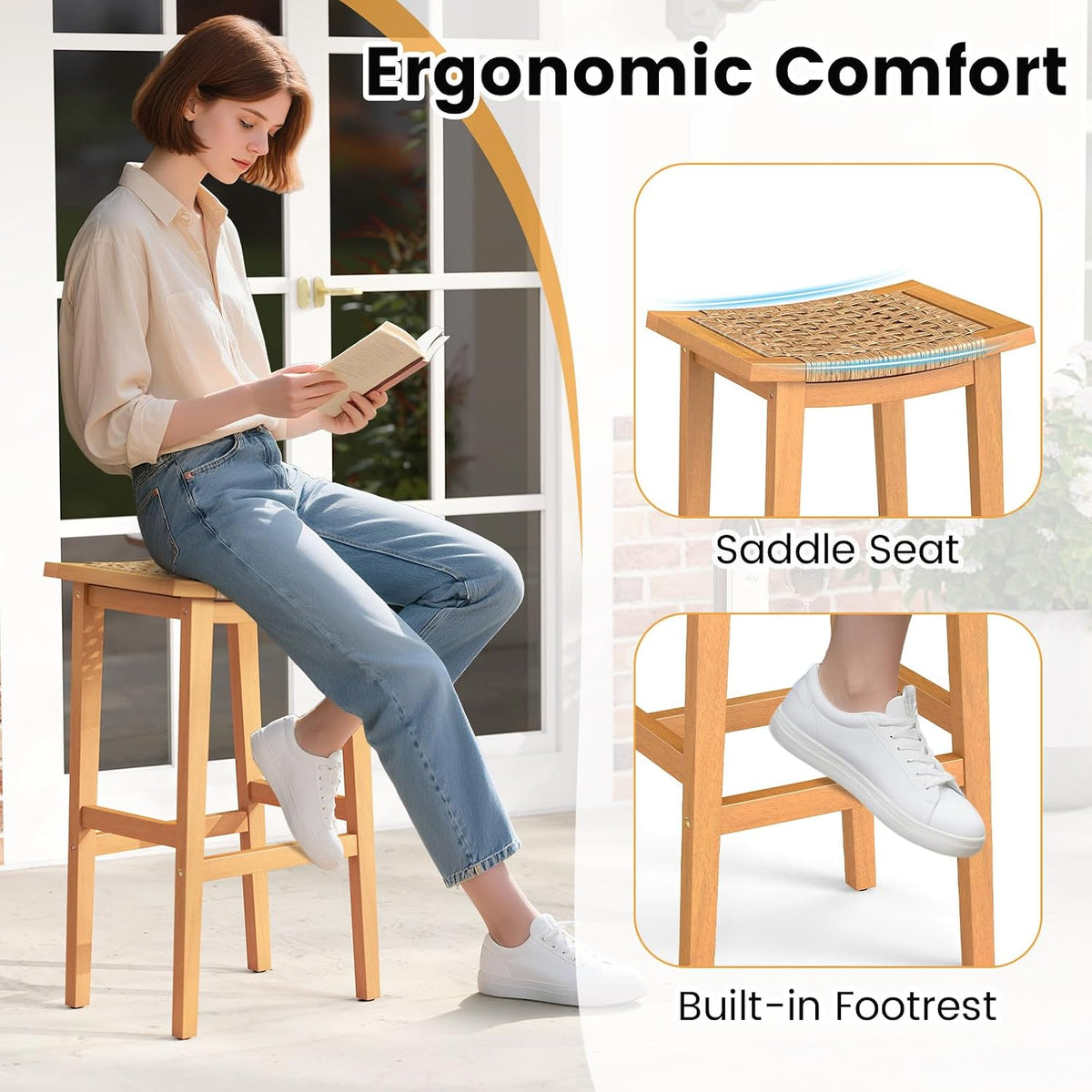 Giantex Outdoor Wooden Bar Stools Set of 4, 29" Backless Patio Barstools with PE Rattan Saddle Seat & Footrest, Solid Acacia Wood Bar Height Stools for Porch, Garden, Backyard, Poolside, Armless