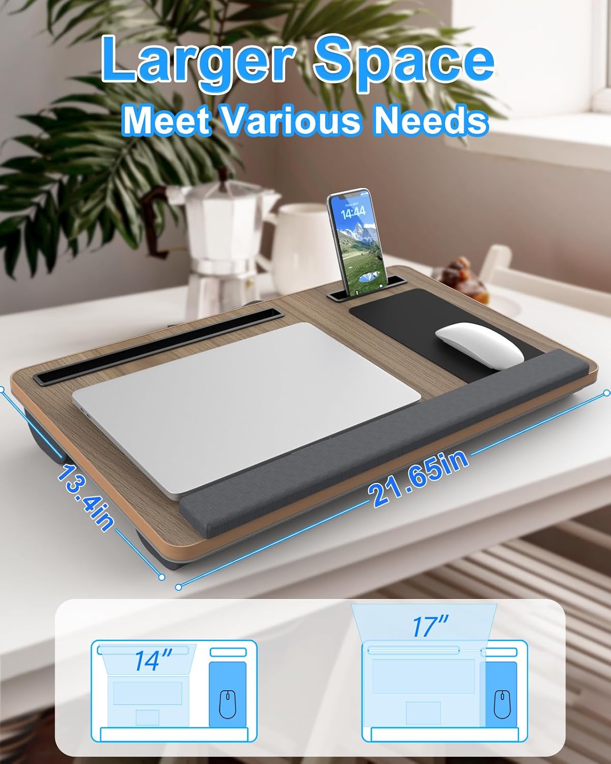 HETTHI Laptop Lap Desk, Portable Large Laptop Desk for Bed, Up to 17 in Lap Table with Wrist Rest, Mouse Pad, Tablet Phone Slot, Portable Handle, Cushion (Dark Brown Woodgrain)