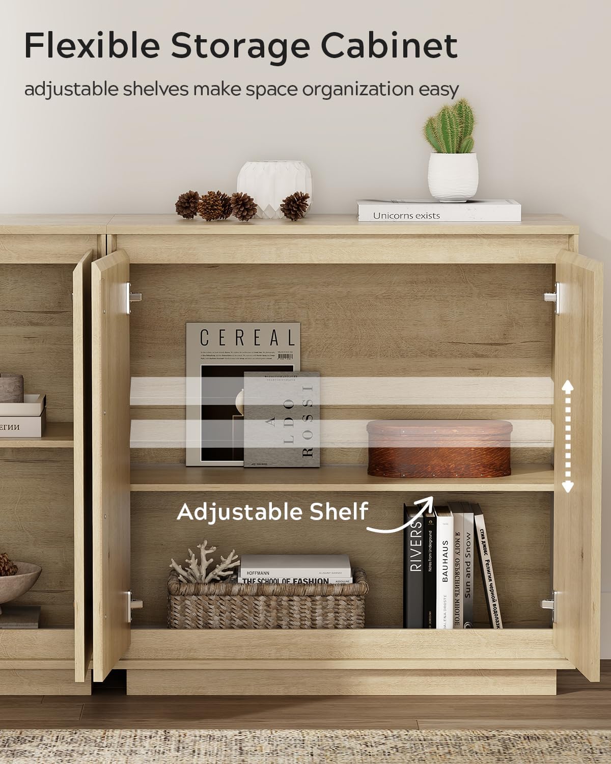 EYYTHUNG Buffet Storage Cabinets Set of 3, Sideboard Accent Cabinet with Adjustable Shelves and Handless Design, Credenza Console Table for Living Room, Light Oak