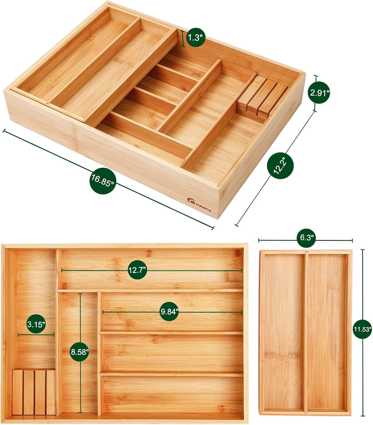 COIWAI Two tier Bamboo kitchen Drawer Organizer Cutlery Utensil Silverware Organizer Tray for Drawer, double layer Holder Drawer Dividers for Flatware (L: 16.85 × 12.2 in)
