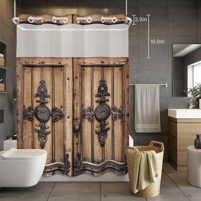 Wood Barn Door No Hook Shower Curtain