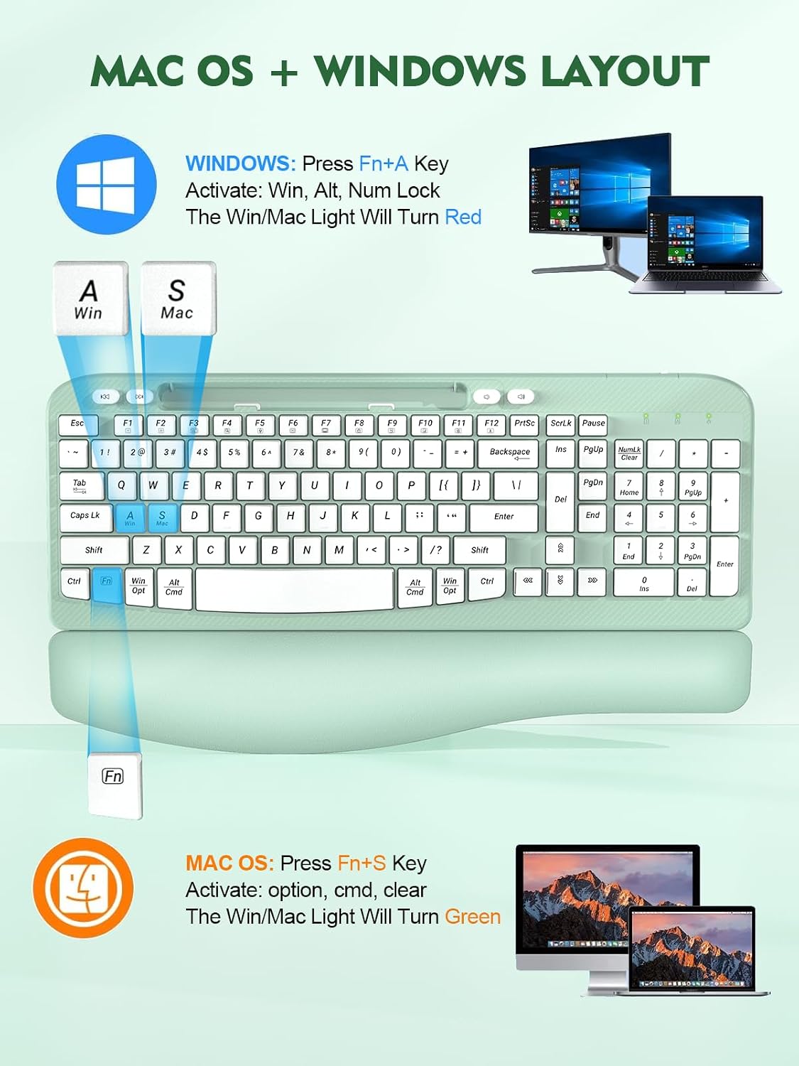 EAYBLLY 2.4G Wireless Ergonomic Keyboard, Full Size Wave Keys with Memory Foam Wrist Rest & 7.28in Phone Holder, USB-C Adapter Included for Windows Mac Chrome OS, Office or Home (Mint Green)