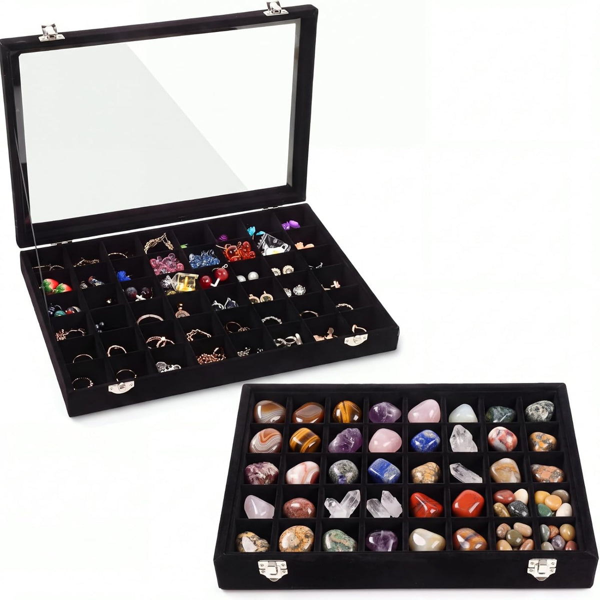 Nosiny 2 Pcs 48 Grid Jewelry Tray with Transparent Lid, Rock Collection Box