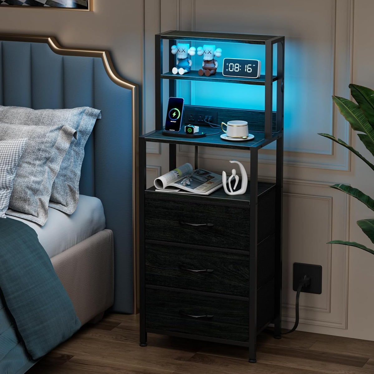 Furnulem Night Stand, Tall Nightstand with Charging Station for Bedroom