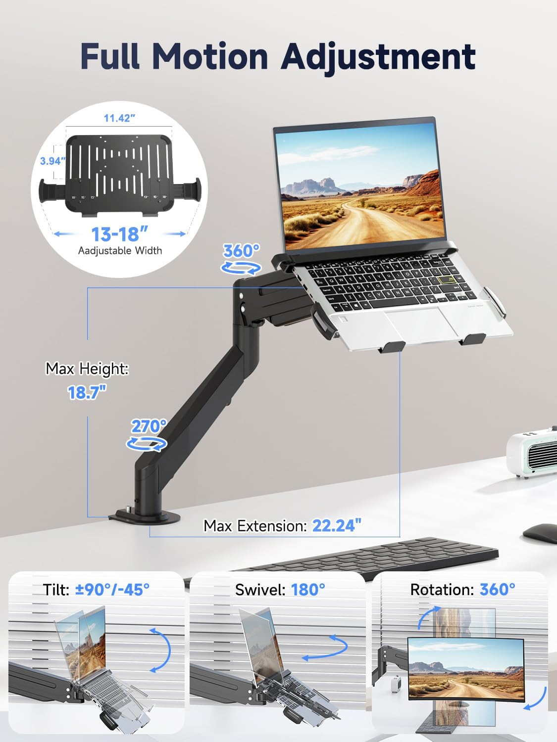 suptek Laptop Desk Mount,Fully Adjustable Monitor and Laptop Mount Stand for 13-18 Inch Notebook and 17-35 inch Monitor Screen,Holds 24.25lbs with Vented Tray