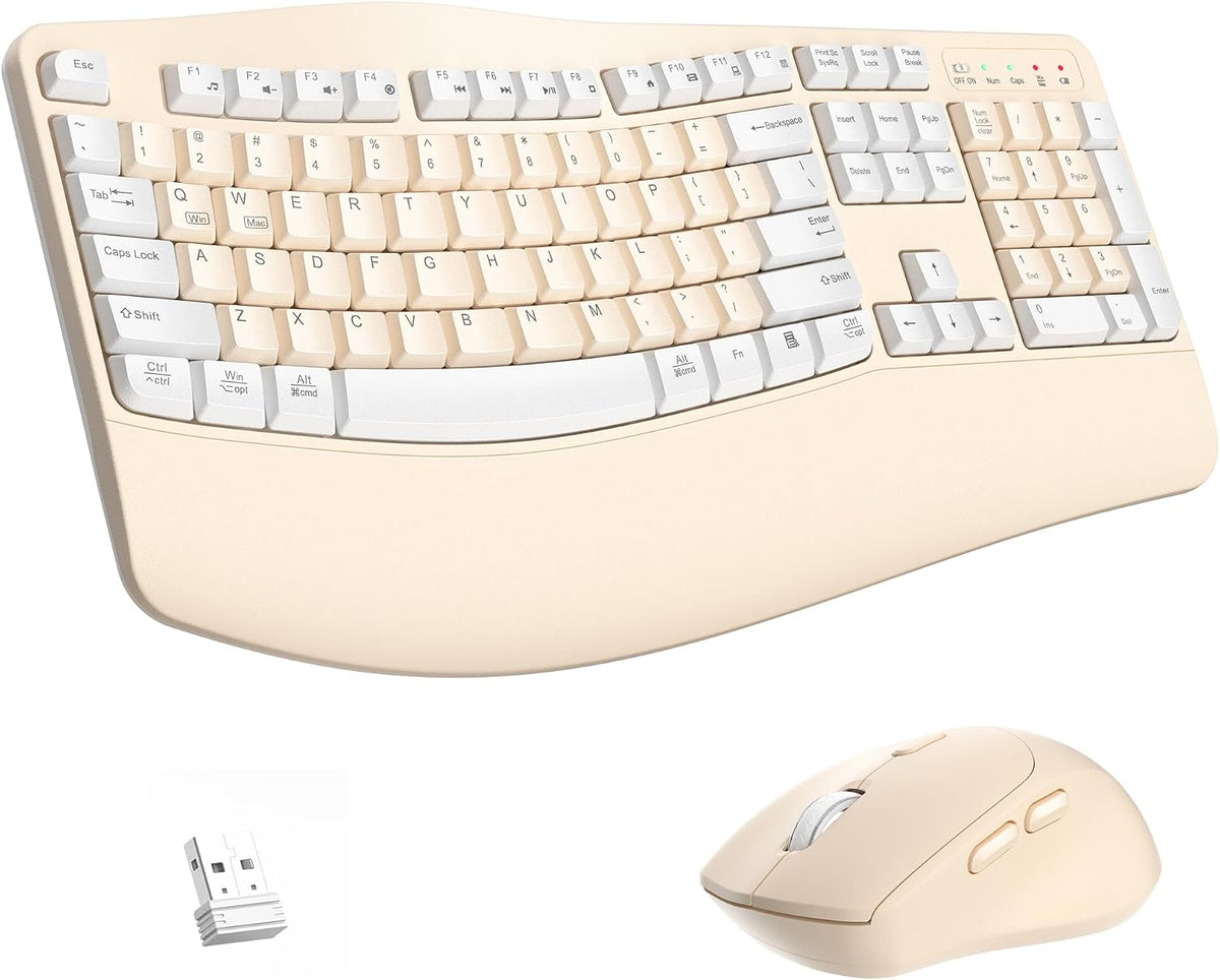 Wireless Keyboard and Mouse Combo,2.4G Ergonomic Wave Keys(Latte Color-A)