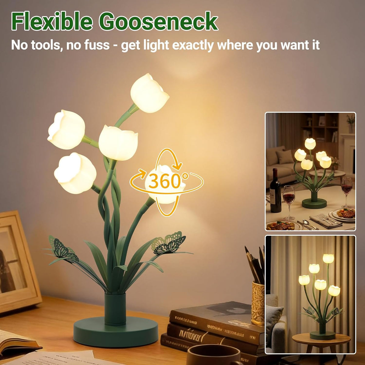Adjustable Gooseneck 5 Lily of The Valley Flower Table Lamp with Butterfly