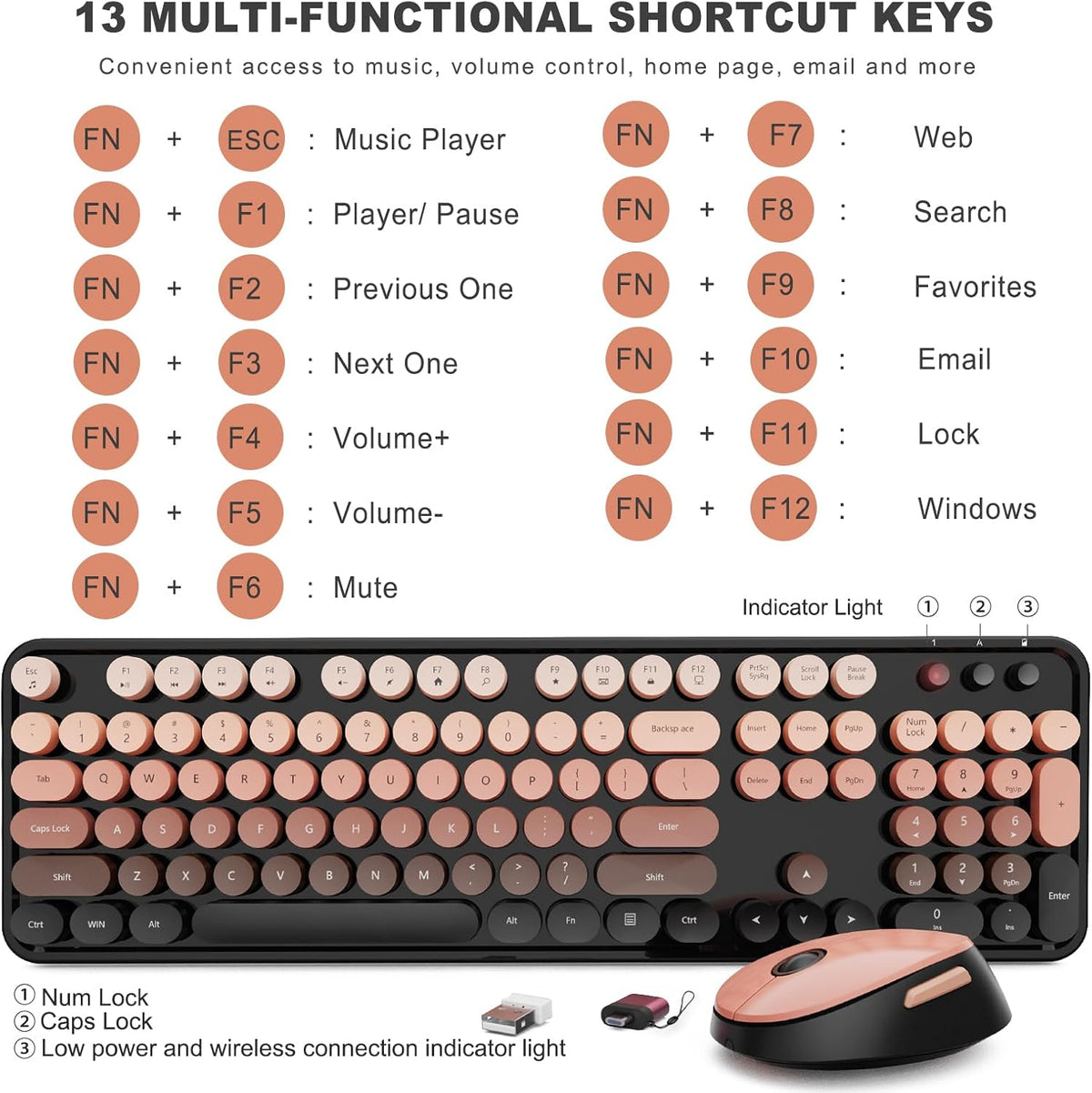 SkyGive Wireless Keyboard and Mouse Combo, Ergonomic Full Size Typewriter Retro Round Keycaps Keyboard, Compatible with Windows, PC, Perfect for Home and Office Keyboards (Aurora Red)