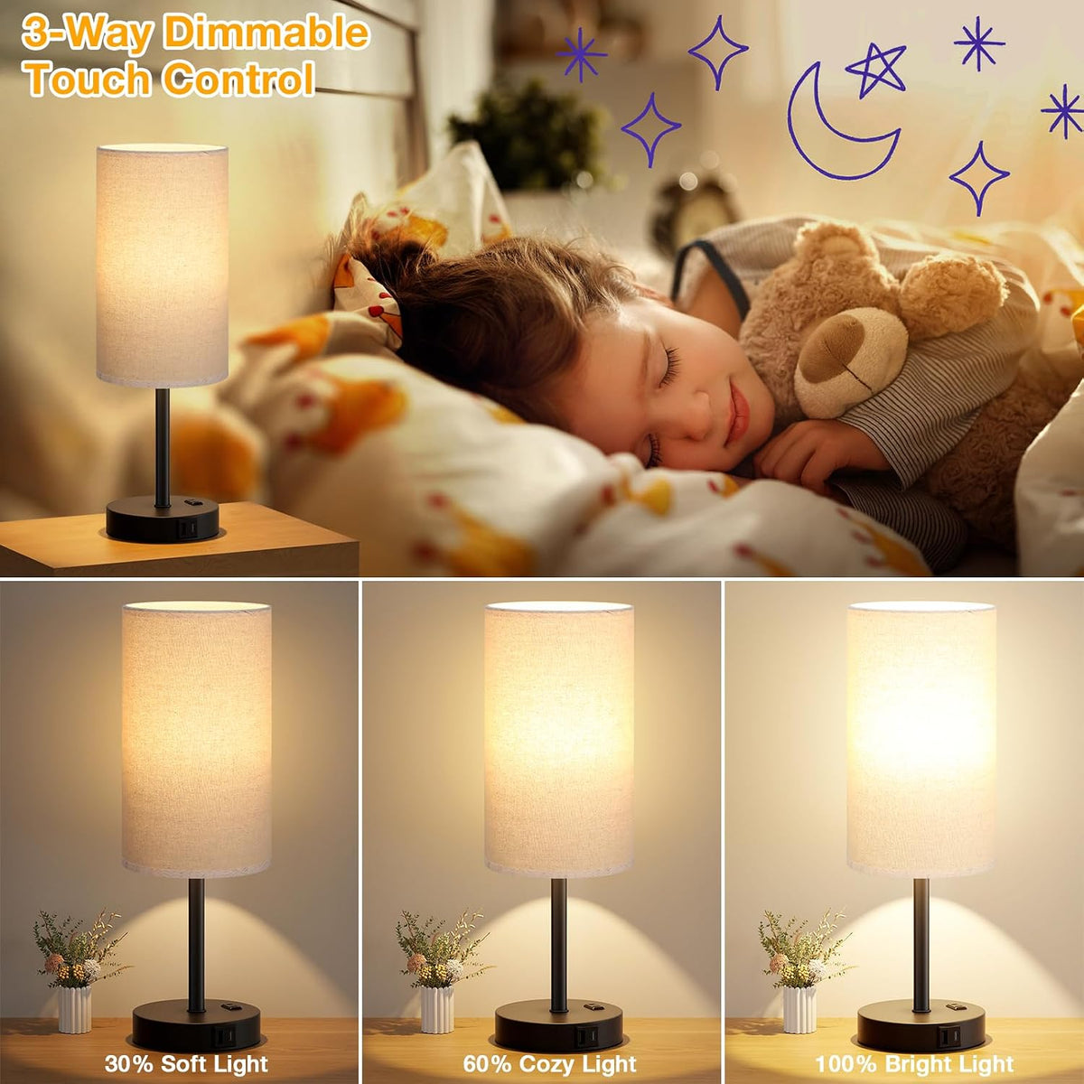 Dicoool 17.4" Bedside Lamp for Bedroom - Dimmable Touch, USB A+C, AC Outlet