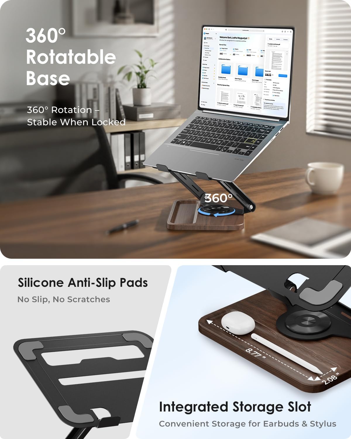 Viozon Laptop Stand for Desk, Adjustable Laptop Desk Stand with Wood Base Storage, 360° Rotating Swivel Computer Stand for Laptop, Ventilated Cooling Desktop Holder Fits up to 15.6" Notebooks/Laptops