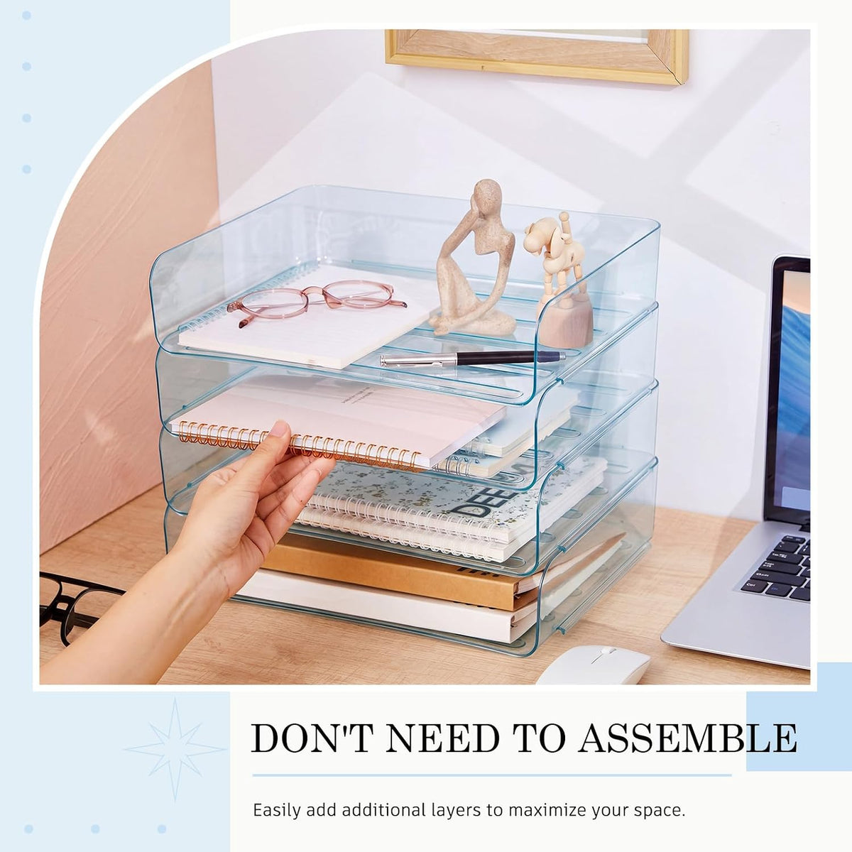 Harloon 4 Tier Clear Blue Acrylic Paper Organizer Letter Tray, Aesthetic Stackable Desk File Organizer Paper Holder Office Tray for A4, Modern Classroom Office Home File Pad Books Notes