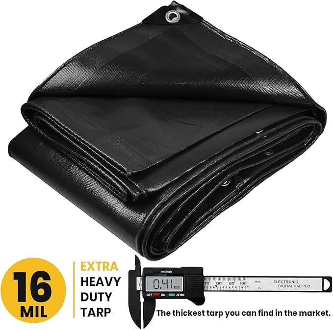 PROTARP Extra Heavy Duty 16 Mil Tarp Cover, Waterproof, UV Resistant, Rip and Tear Proof, Poly Tarpaulin with Reinforced Edges for Roof, Camping, Patio, Pool, Boat. (Black 10′ X 20′)