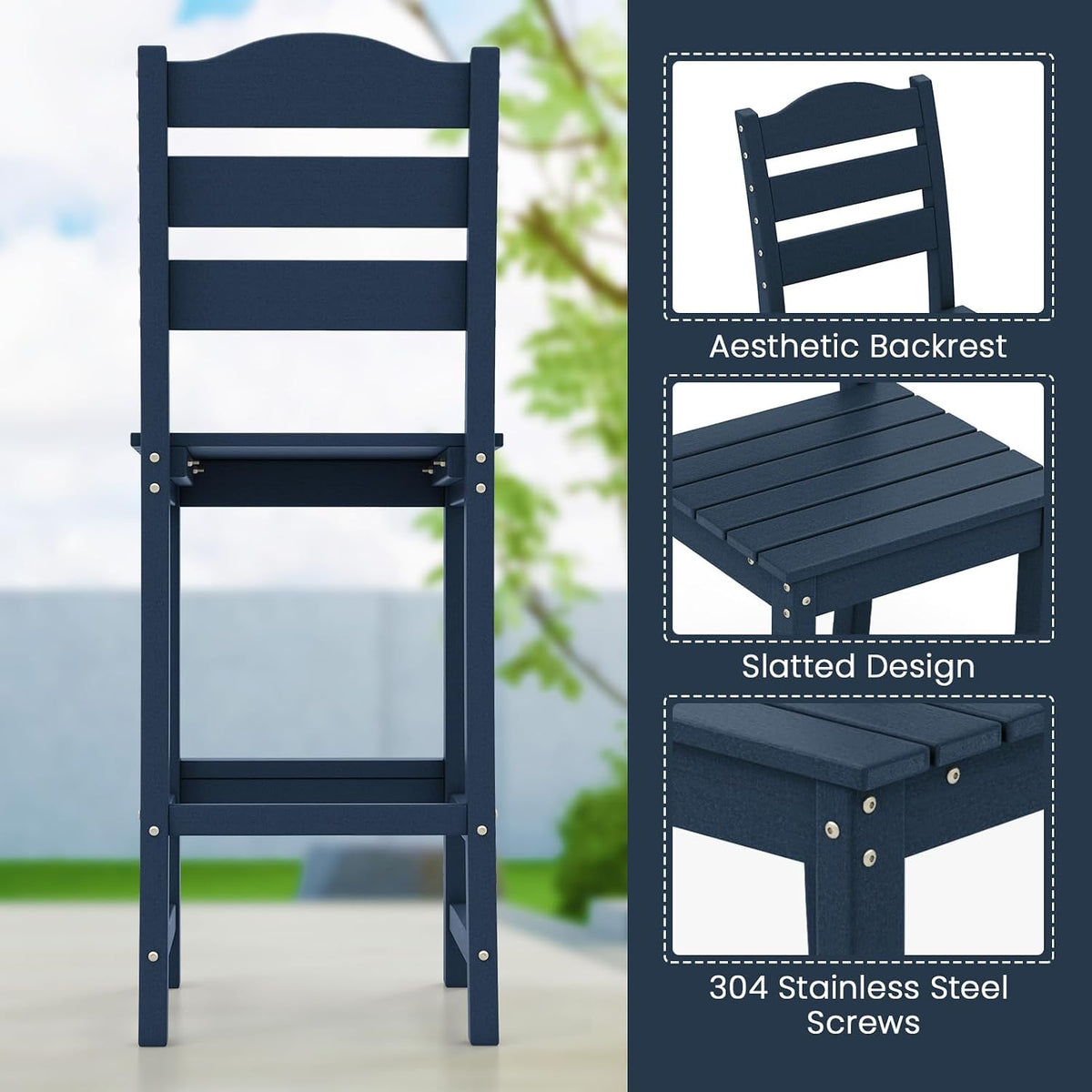 GIANTEX Outdoor HDPE Bar Stool, Patio Tall Bar Chair with Backrest and Footrest, 30 Inches Counter Height Barstools for Garden, Backyard, Weather Resistance, Easy Maintenance (2, Navy)