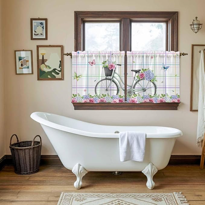 Spring Tier Curtains, Bicycles Botanical Leaves Rose Colorful Stripes Light