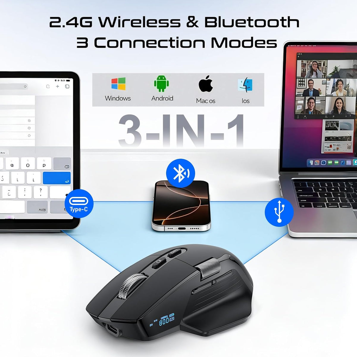 AVOVR Tri-Mode Wireless Bluetooth Ergonomic Gaming Mouse, Black