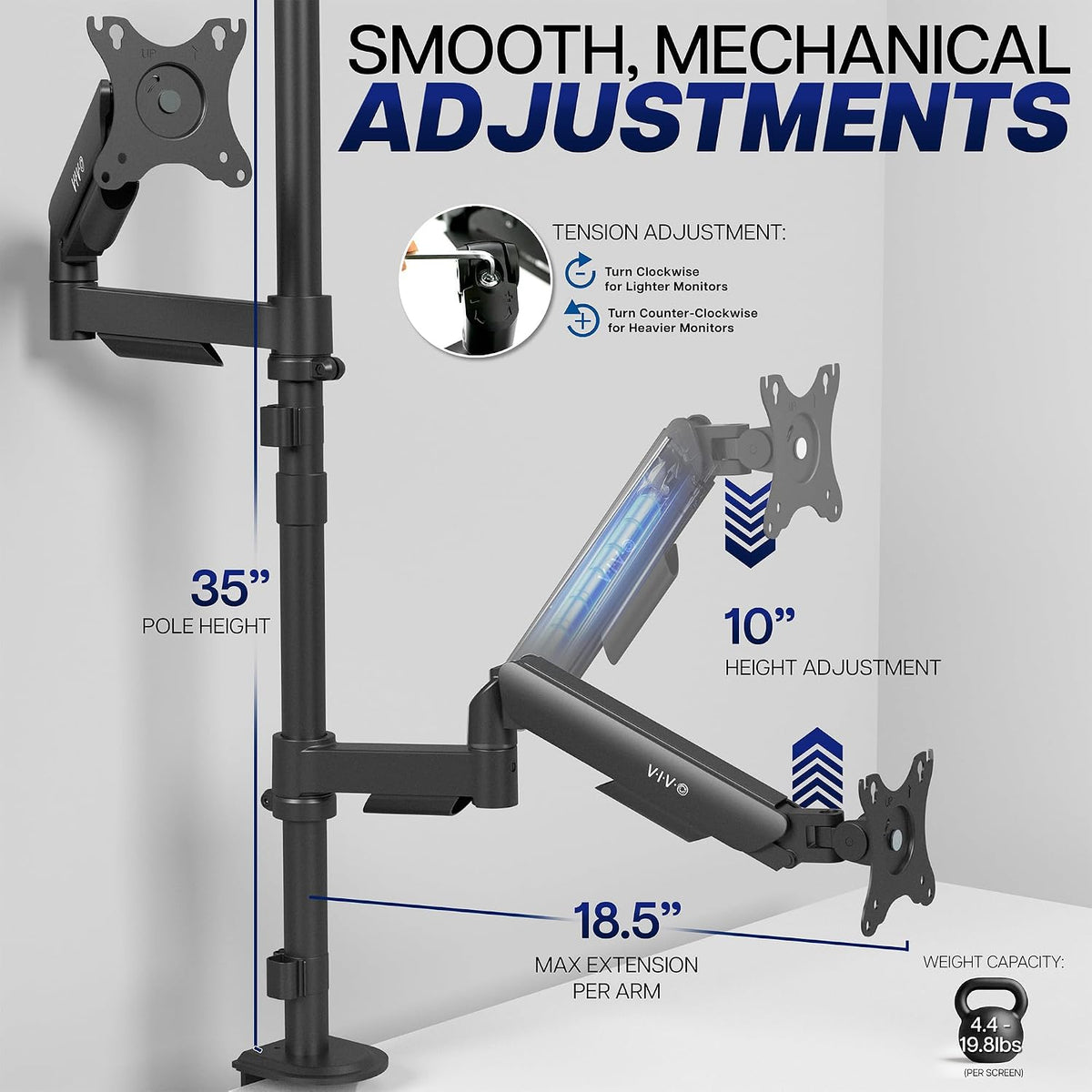 VIVO Dual Monitor Arm Extra Tall Mount for Screens up to 32 inches, Mechanical Height Adjustment, Full Articulating Heavy Duty VESA Stand with Desk C-clamp and Grommet, STAND-V012K