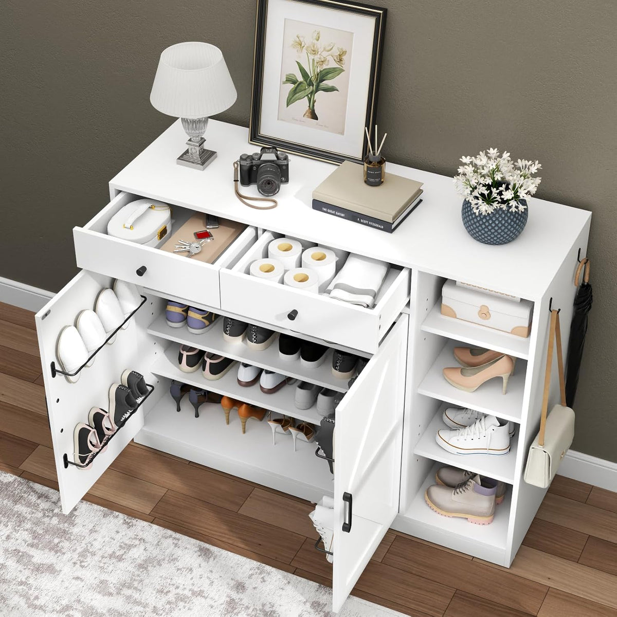 Loomie 5-Tier Shoe Cabinet with 4 Side Cubbies, Farmhouse Shoe Rack Cabinet with 6 Adjustable Shelves & 2 Drawers, Freestanding Shoe Storage Cabinet with 4 Brackets & 2 Hooks for Entryway (White)