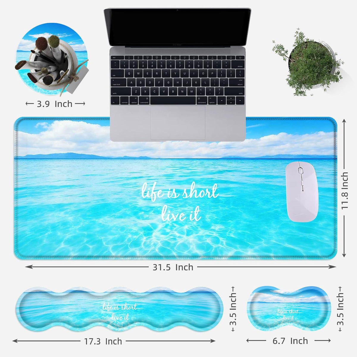 Large Mouse Pad Set,Extended Mouse Pad+Keyboard Wrist Rest Support Desk Pad Memory Foam Ergonomic Easy Typing,31.5×11.8 in Desk Mat Set for Home Office,Beach Life Inspirational