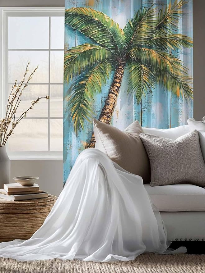 Sheer Curtains 72 Inches Long, Coastal Beach Tree Semi Sheer Curtains Light