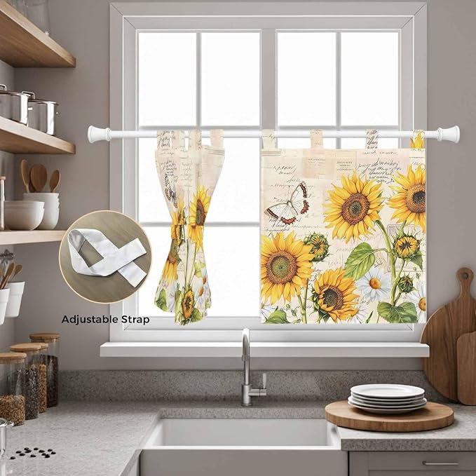 Yellow Sunflowers Kitchen Curtains 24 Inch Length, Small Window Curtains Tab Top