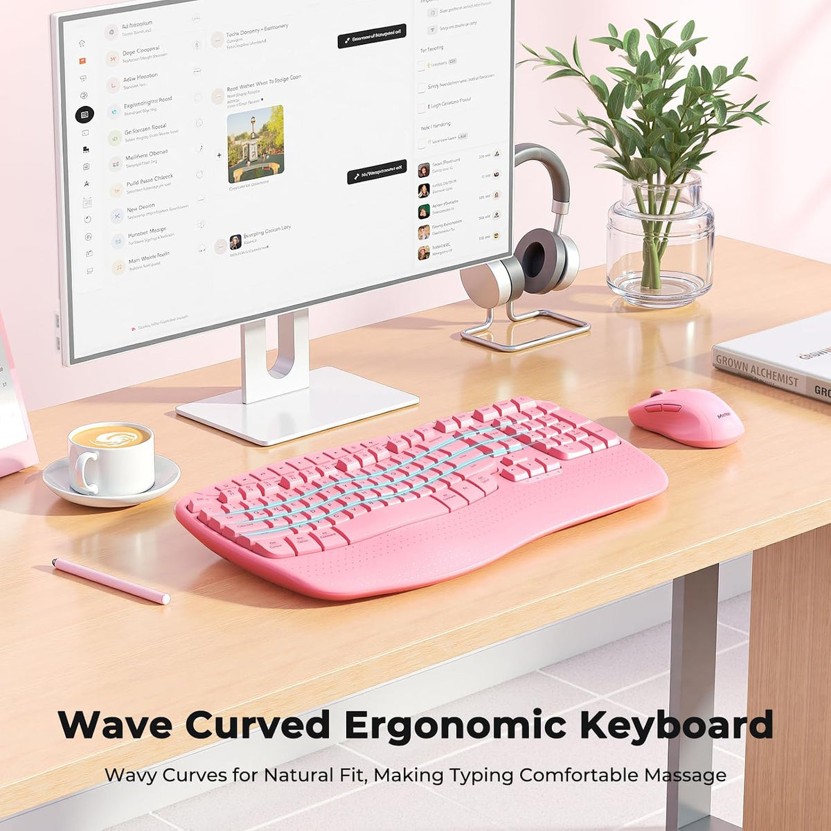 MEETION Wave Ergonomic Keyboard and Mouse Combo with Wrist Rest, Pink