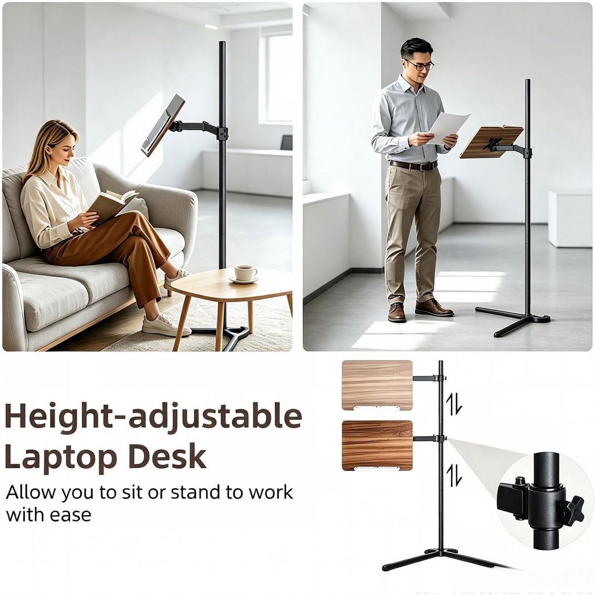 Adjustable Laptop Stand Floor, Height Adjustable Portable Desk with Tilting Tabletop, Walnut Brown (Walnut)