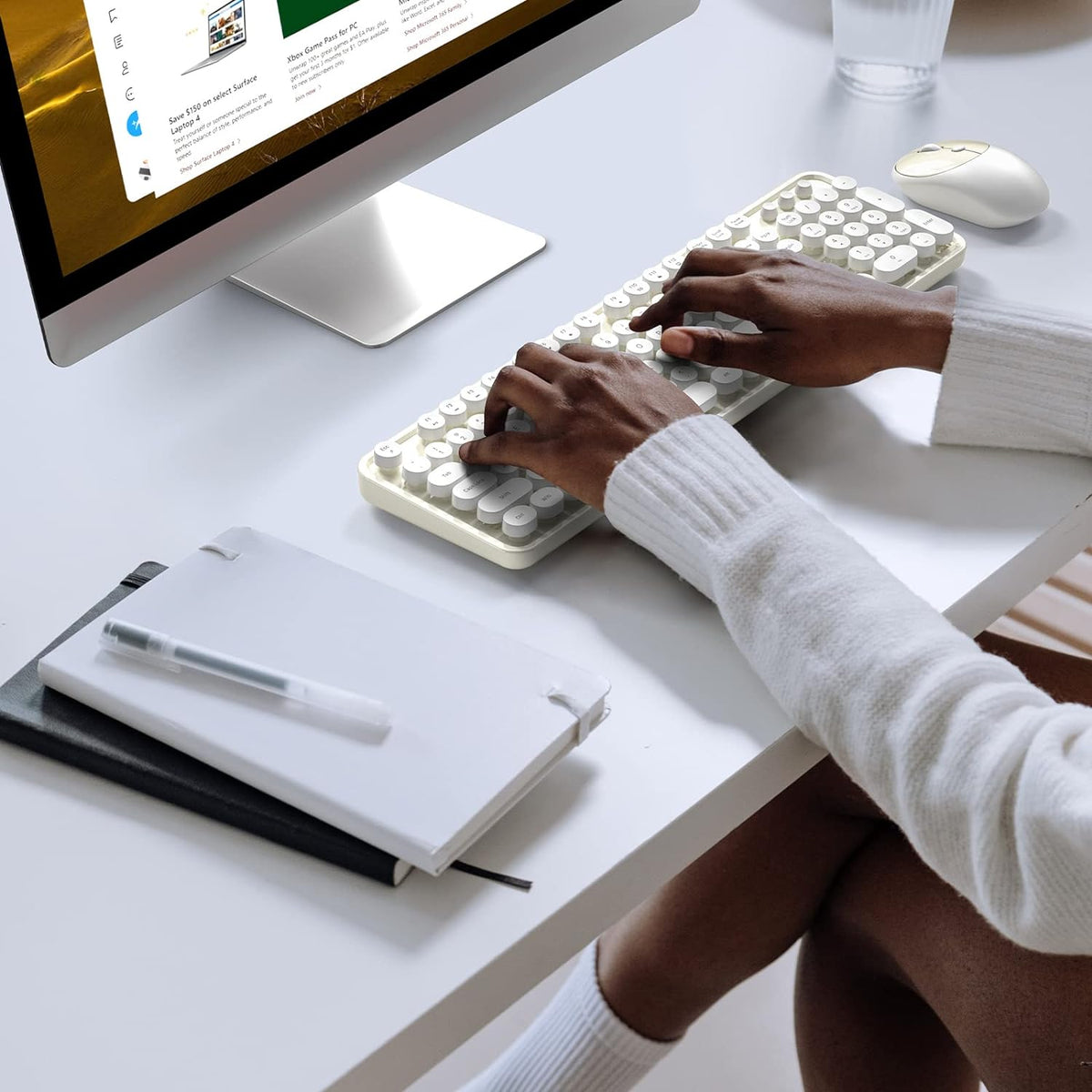 Atelus Wireless Keyboard and Mouse, Typewriter Full Size Keyboard with Number Pad and 2 in 1 USB Connected Mouse for Windows 7/8/10, Laptop, Desktop, PC, Computer (Off-White)