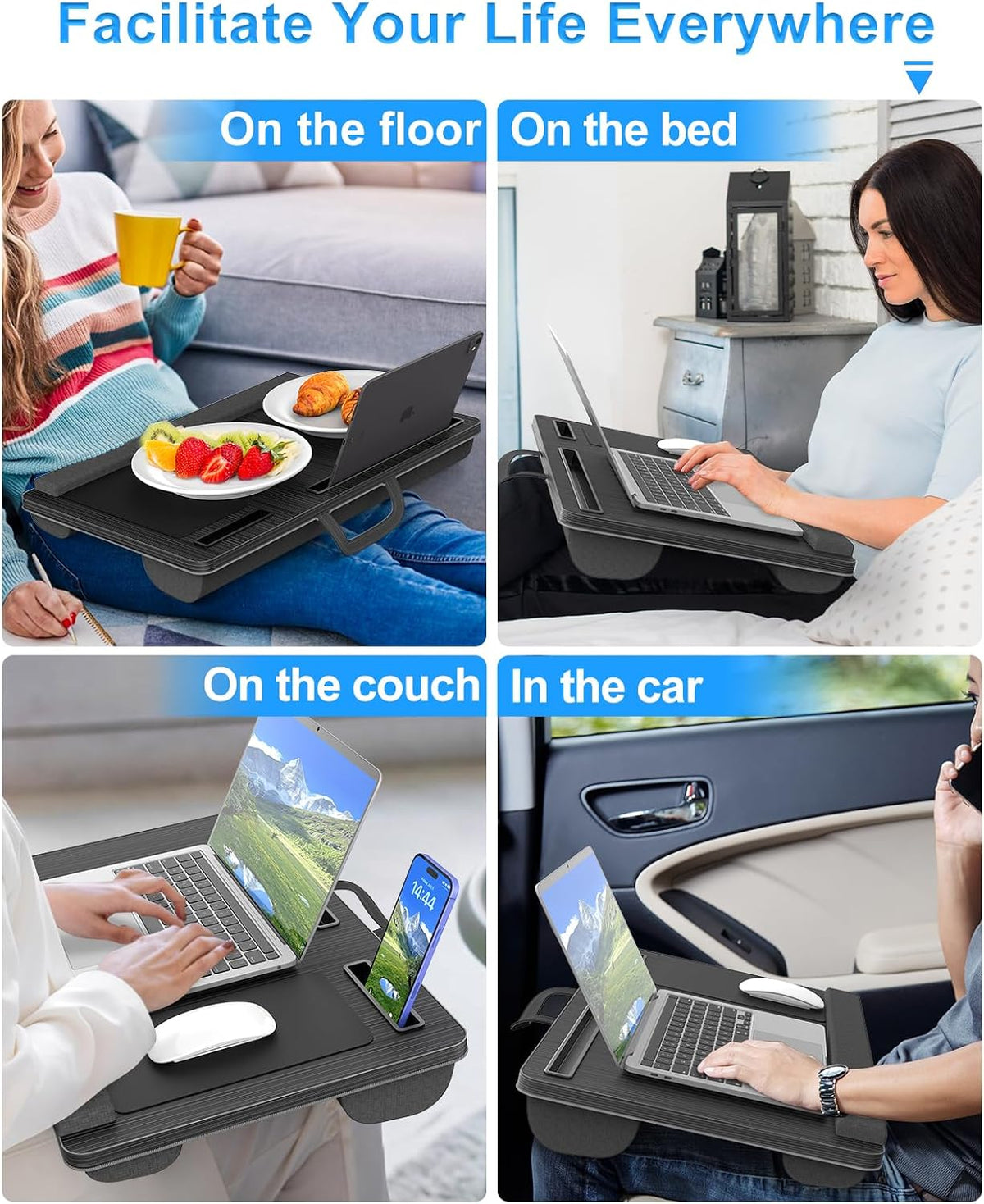 HETTHI Laptop Lap Desk, Portable Large Laptop Desk for Bed, Up to 17 Inch Lap Pad Tray with Wrist Rest, Mouse Pad, Tablet Phone Slot, Portable Handle, Cushion (Black)