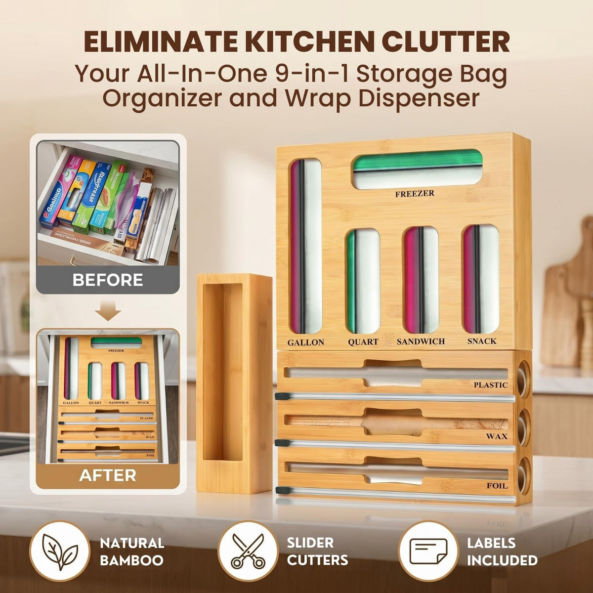 9 in 1 Storage Bag Organizer for Kitchen Drawer, Bamboo Foil and Plastic Wrap with Cutter, Ziplock Bag Organizer for Quart, Gallon, Sandwich & Snack Bags - Aluminum Foil Organizer