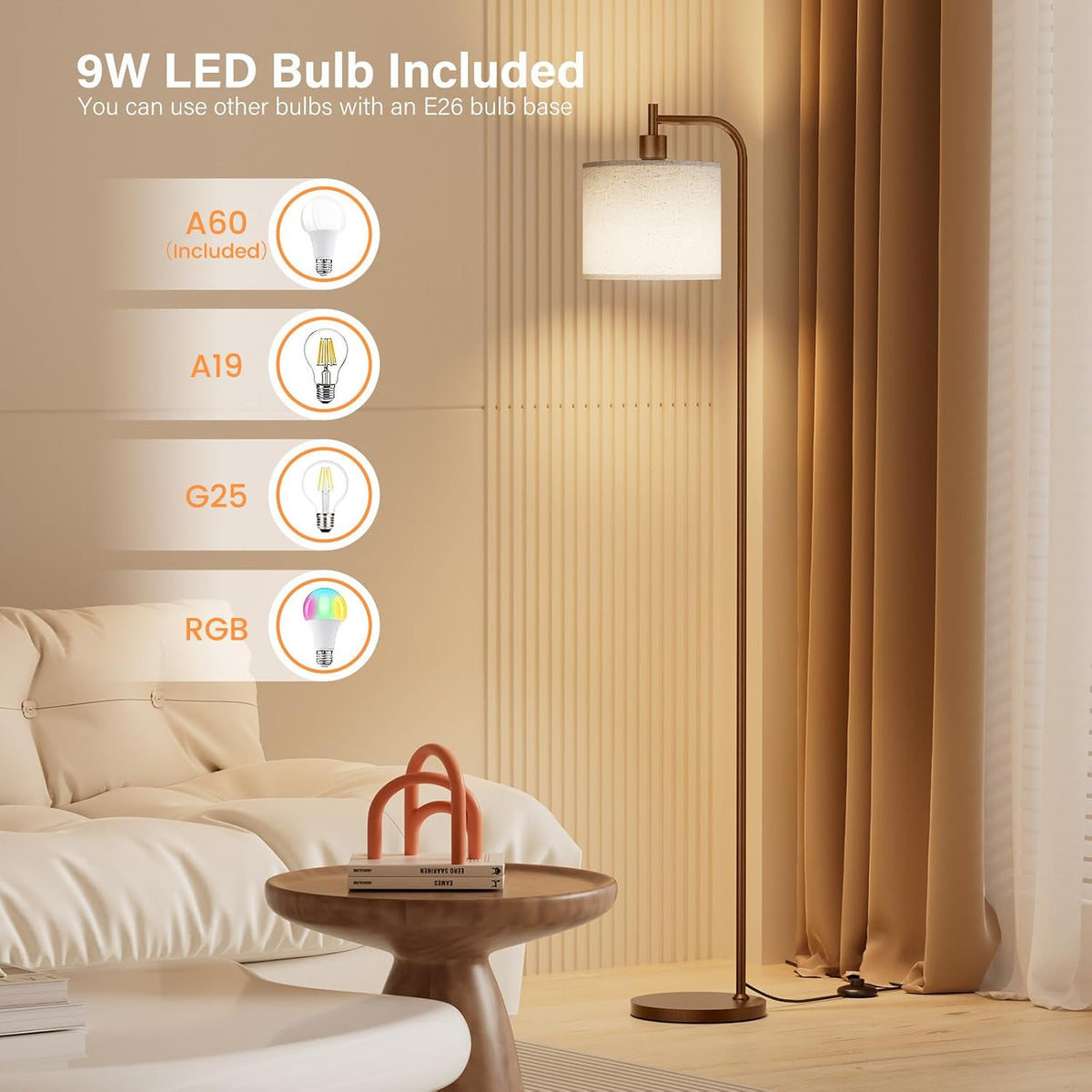 SIBRILLE Floor Lamp for Living Room, Tall Standing Lamp with Linen Shade