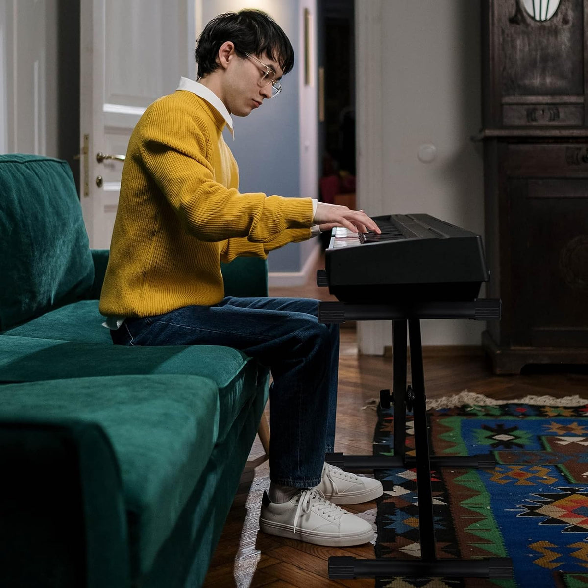 Keyboard Stand & Bench Set, Upgrade Heavy Duty Double-X Keyboard Stand, Adjustable & Portable Digital Piano Stand with Locking Straps