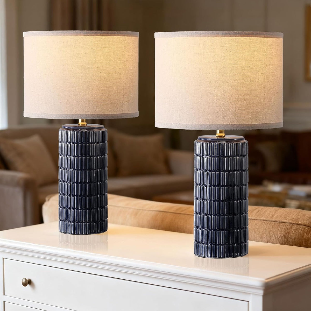 Modern Ceramic Table Lamp Set of 2, Bedside Lamp for Bedroom Decor, Nightstand Lamp with 3 Color Temperatures, Desk Light for Living Room Dorm Office, Blue