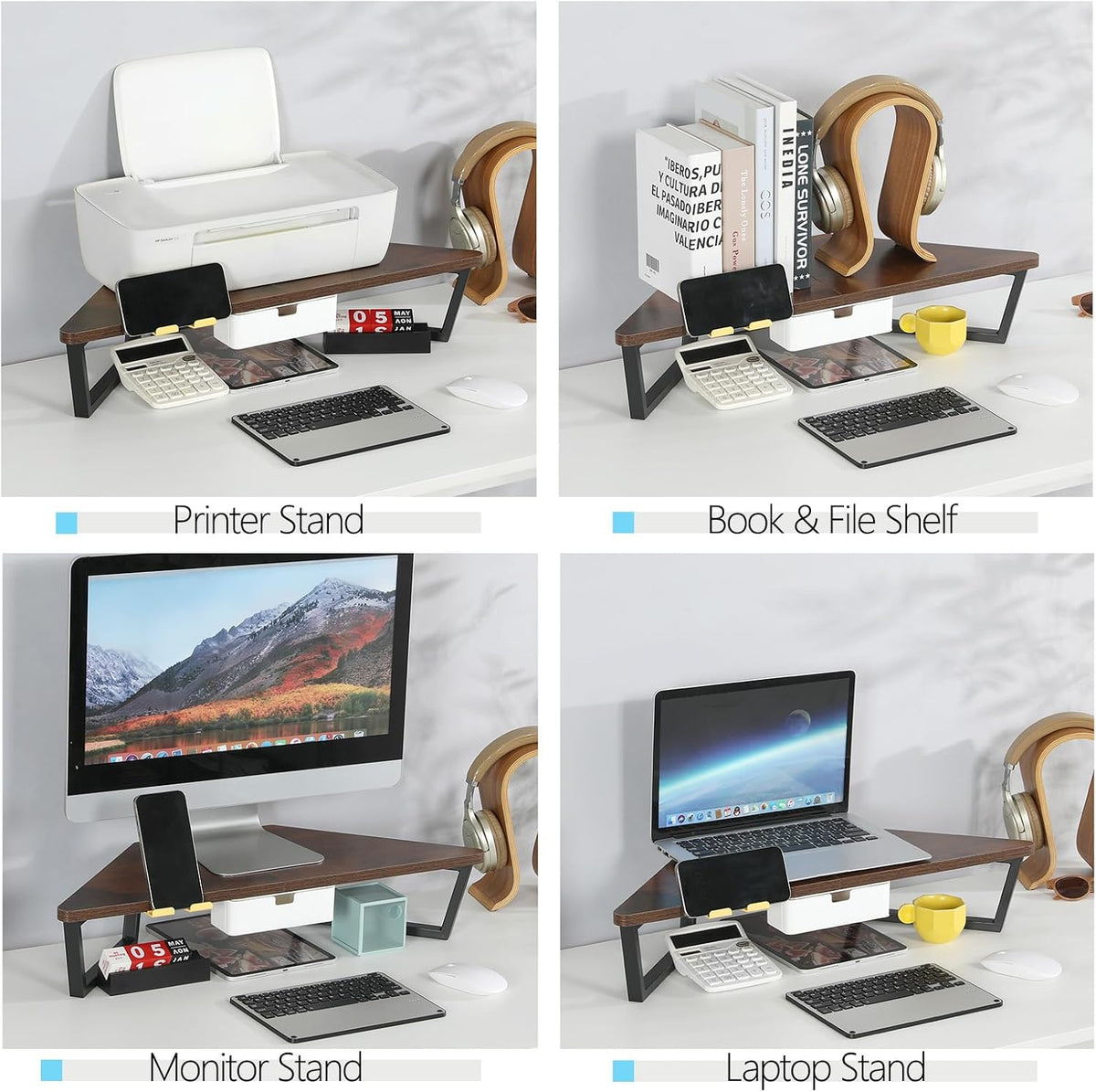 TEAMIX Corner Monitor Stand with Drawer and Phone Holder, 26x12.6x5.3in