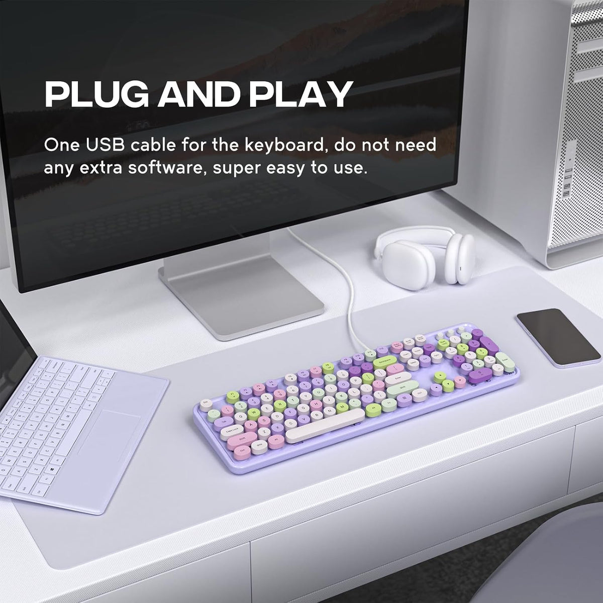 Dilter Wired Keyboard, 104 Keys Full-Sized Typewriter Keyboards, USB Office Keyboard with Number Pad, Caps Indicators, Foldable Stands for Windows, PC, Laptop, Desktop (Purple Colorful)