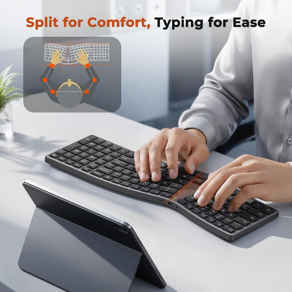 MEETION Wireless Ergonomic Keyboard, Split S-Curve, Bluetooth & 2.4G, Black